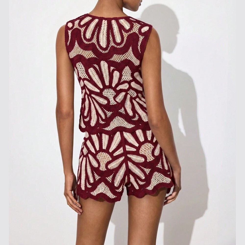 Burgundy Crochet Knit Mini Shorts with Scalloped Hem - Picture 2 of 7